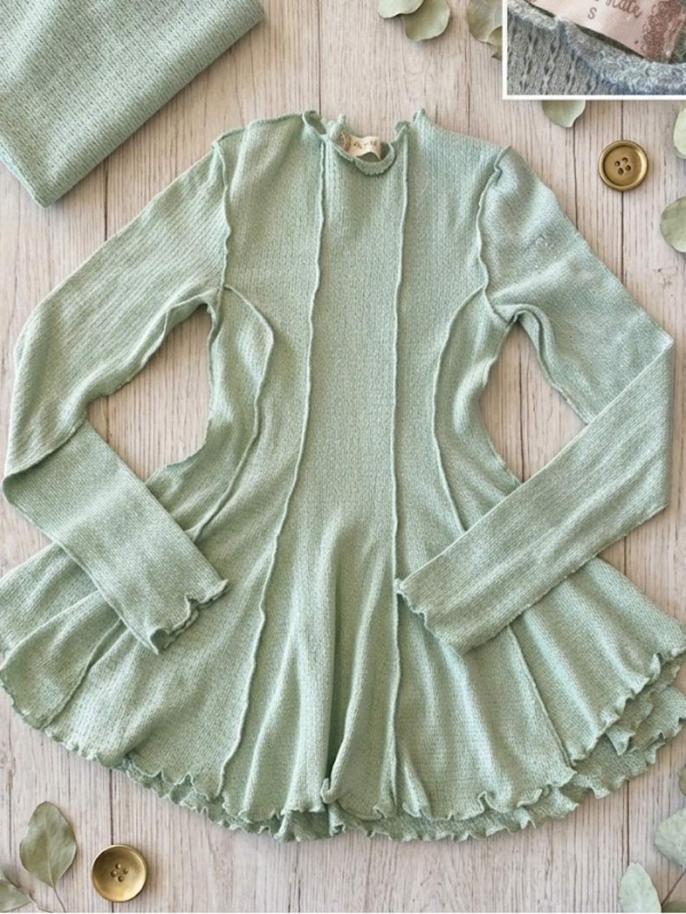 ALTAR’D STATE— Light Sage Knit Ruffle-Neck Top